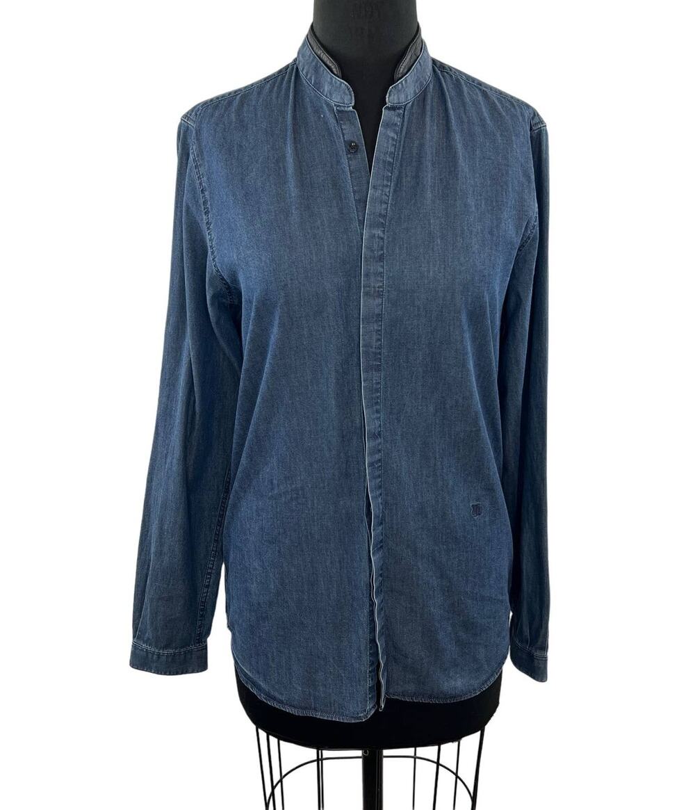 The Kooples Blue S Denim Top Cotton Stand-Up Leather Collar Long Slv Regular Fit